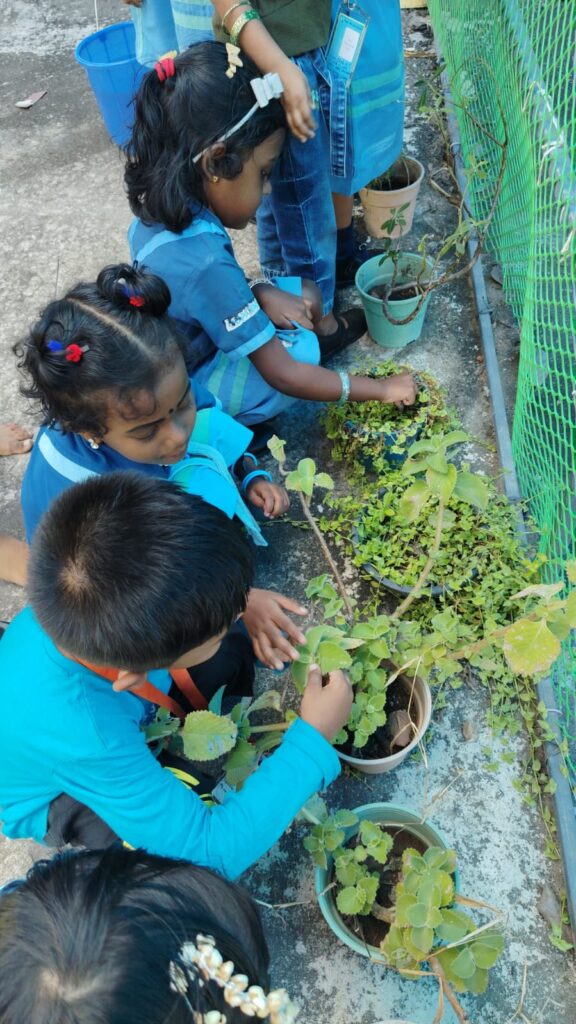 Children tending potted plants at Yen’s World School